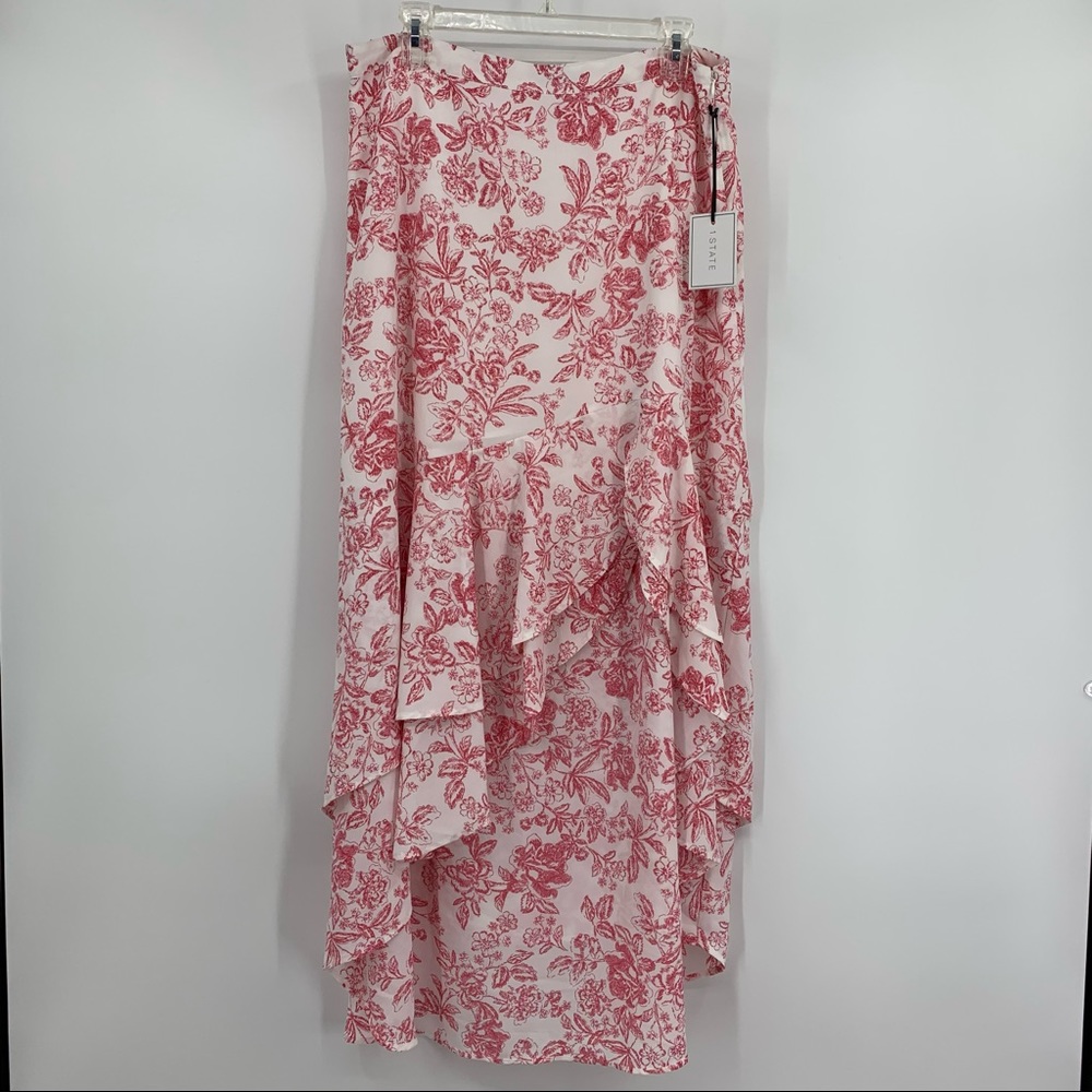 1. State Red and White Floral Ruffle Maxi Skirt